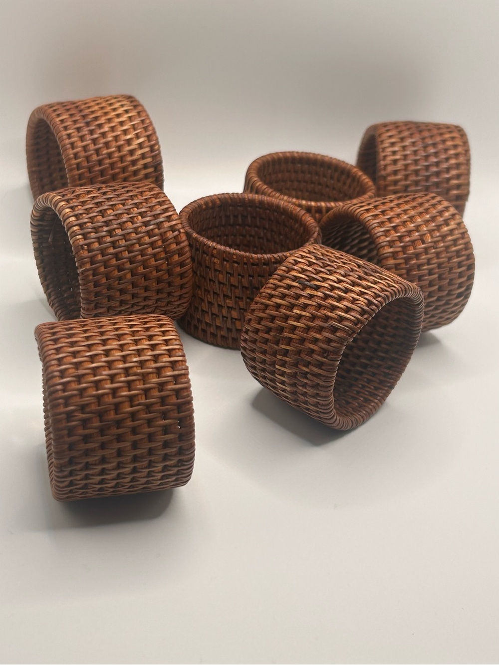 Vintage Woven Rattan Napkin Rings | 1970s Boho Table Decor (Set of 8)